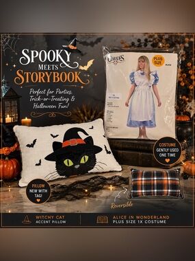 🎃 Halloween Alice Costume 1X + NEW Witchy Black Cat Reversible Accent Pillow